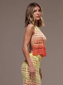 MUSERA Top con detalle de tejido de ganchillo abierto en degradado, escote halter, para vacaciones de verano en Ibiza, elegante, lindo, para playa, festival, rave, estilo bohemio, vacaciones, verano, femenino, en tonos pastel