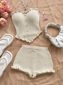 Soleia 女士度假休闲荷叶边珍珠金属扣装饰抹胸和荷叶边针织短裤套装，适合派对、约会、分层穿着或外套 - 杏色 - 查看 1