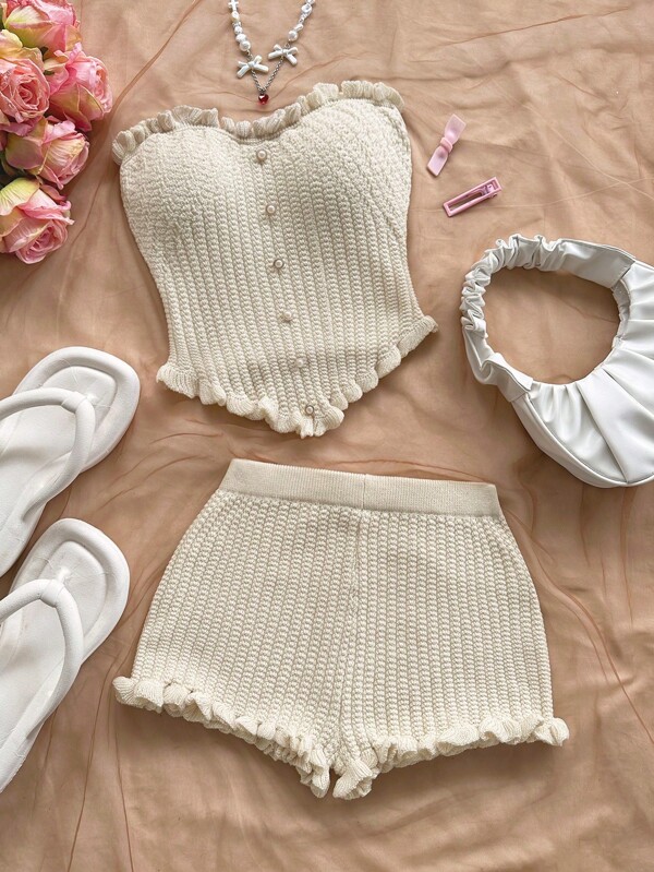 Soleia Conjunto de top tubo con adorno de volantes y perlas, y shorts de punto con volantes, ideal para vacaciones, casual, fiestas, citas, como capa o para exteriores