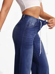 SHEIN Essnce Jeans rectos de talle elástico con cordón a la cintura, lavado, de uso casual diario para mujeres