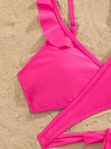 SHEIN Swim Women's Solid Fuchsia Minimalist Camisole Top And Leaf Print Swimwear Bottom Set For Summer Beach Vacation