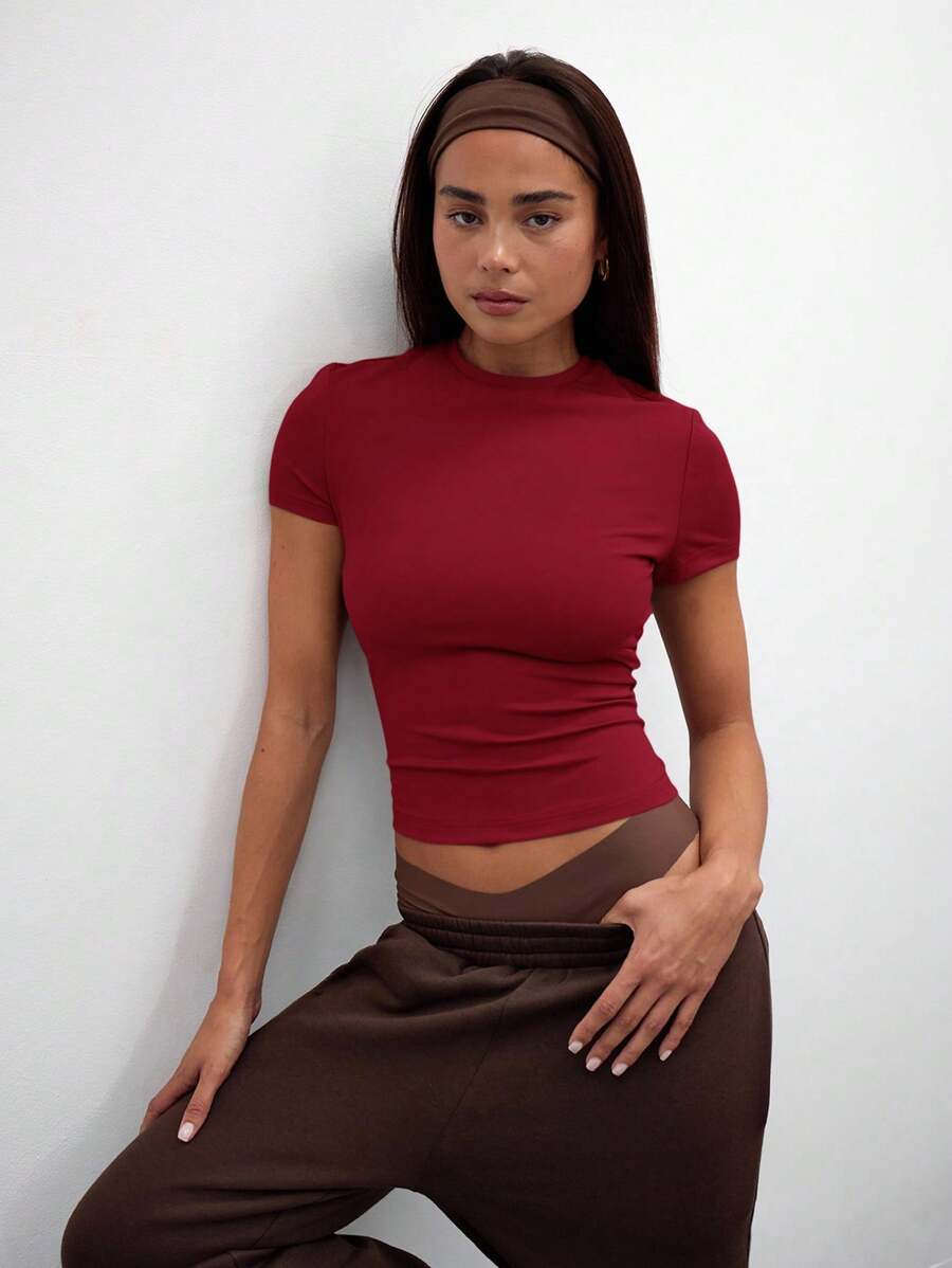 MUSERA Capped Sleeve Snatched T-Shirt Casual Vacation Everyday Airport Holiday  Back To School  Winter ,Elegant Valentines Day Spring Summer - Burgundy - View 1