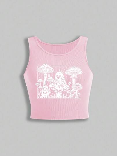 Fairycore Camisole mit Fitted Passform und Pilz-Motiv im Cartoon-Feendesign für Große Größen