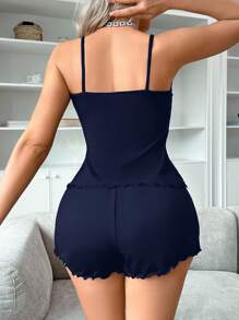 SHEIN 女士休闲简约心形印花吊带背心和短裤睡衣套装 - 藍色 - 查看 2