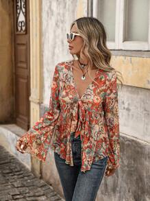 Brillora 女士佩斯利印花网眼长袖前系带不对称下摆上衣