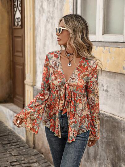 Brillora Women Paisley Print Mesh Long Sleeve Tie Front Asymmetric Hem Top