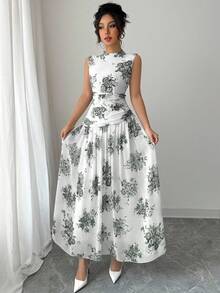 Modelyn 女式优雅花卉印花褶皱无袖休闲连衣裙 - 綠色 - 查看 1