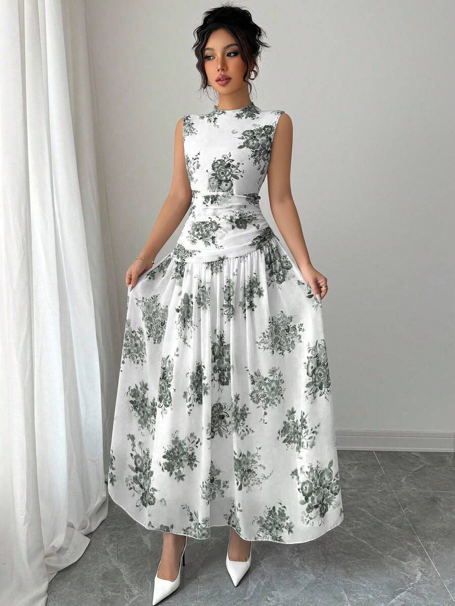 Modelyn 女式优雅花卉印花褶皱无袖休闲连衣裙 - 綠色 - 查看 1