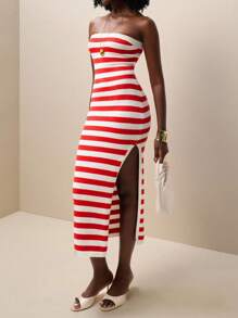 Zolique Women's Simple & Stylish Red & White Striped Strapless Side Slit Hem Knitted Dress - Red and White - View 3