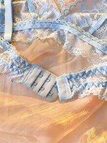 DelicateAllure 花卉蕾丝胸罩和内裤性感内衣套装 - 淺藍色 - 查看 3