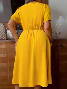 SHEIN Clasi Vestido de talla grande para mujer con cuello redondo, cintura recogida, falda paraguas y bolsillos, elegante - Naranja - Ver 2