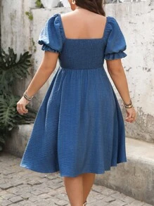 Nubod Plus Size Women's Solid Color Denim Effect Puff Sleeve Front Placket Decorated Dress