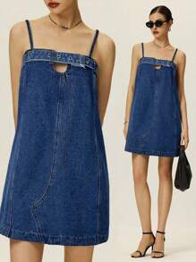 Poéselle 女士休闲宽松夏季时尚日常吊带牛仔连衣裙 - 中等水洗藍 - 查看 3