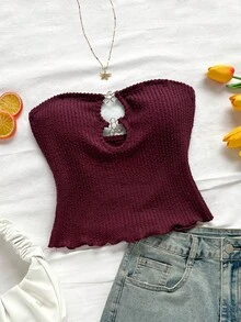 Soleia Women's Vacation Cami Top, Champagne Color Textured With Front Hollow Metal Flower Button Decor, Slim Fit Cropped, Sexy & Fashionable For Party, Date, Casual Beach Holiday Cute Tube Top Tube Top With Bra Knitted Tops Summer Tops Knit Tops - Burgundy - View 1