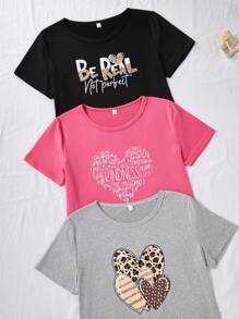 SHEIN Set de 3 piezas de pijama corto informal con estampado de corazón y letras, que incluye top de manga corta y shorts - Multicolor - Ver 4