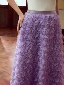 ZEYLAH Damen eleganter einfarbiger A-Linien Rock mit 3D Blumen