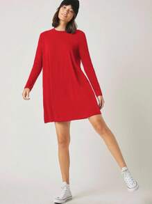 EURMUSE Women Simple Round Neck Long Sleeve Loose Short Casual Dress - Merah - View 5