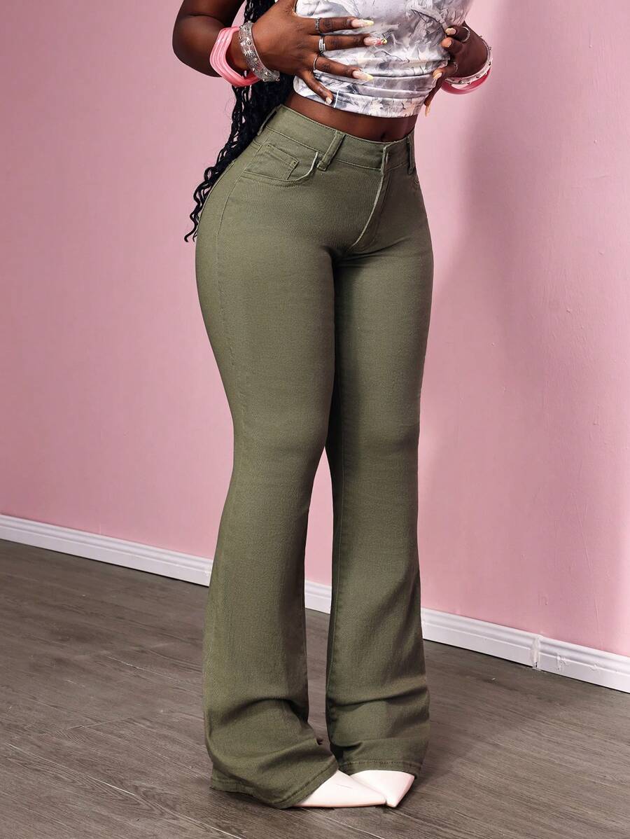 SHEIN SXY Quần Jeans Ống Loe Ôm Sát Có Túi Màu Trơn Thường Ngày - xanh quân đội - Xem 1