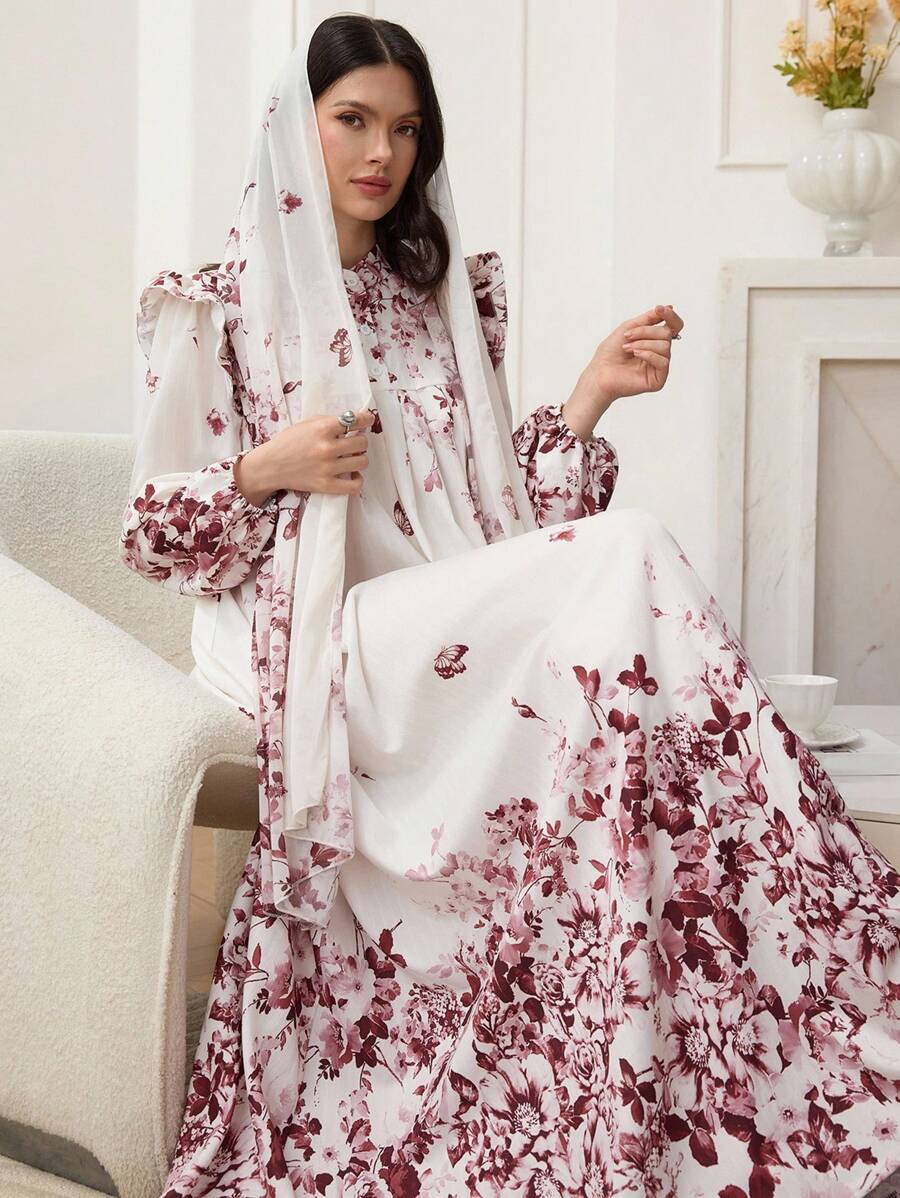 Al Najma Damen Blume Muster Stehkragen Laternenmärmmel Patchwork Volant Saum Loose Langes Kleid