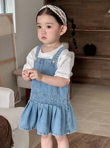 Dazy Kids 韩版女童婴幼儿休闲褶皱牛仔背带连衣裙 - 藍色 - 查看 4