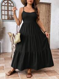 SHEIN LUNE Plus Size Women Sleeveless Adjustable Backless Open Back Cinched Waist Casual Vacation Dress Midsummer Day Outfit Graduation Dress Wedding Guest Dress Women Vacation Outfits Woman Beach Outfits For Woman Festival Sundress Birthday Dresses For Women Cozy Fit Chillax Slouchy Casual Style Relaxed Outfit Vacation Style Holiday Outfits Boho Bohemian Black Maxi Dress Tiered Maxi Dress Black Sundress Summer Dress Casual Black Dress,Holiday Outfits For Women