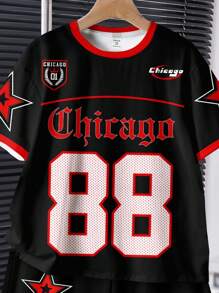 SHEIN 2 件套青少年男孩休闲时尚经典酷炫棒球运动风格，88 号，哥特式芝加哥文字，星星图案印花短袖圆领 T 恤和短裤，适合夏季 - 彩色 - 查看 4