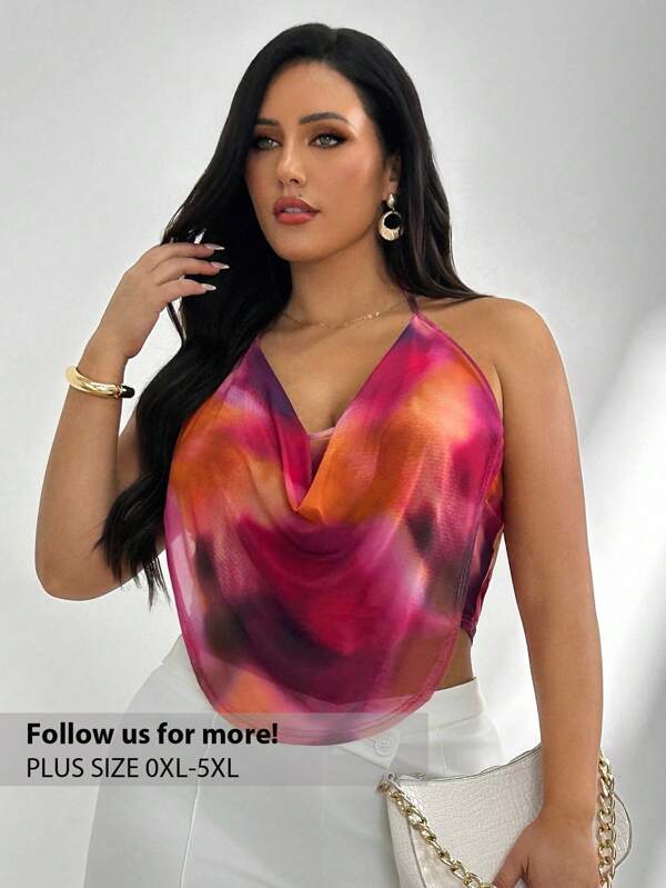 Firerie Plus Size New Elegant Sexy Y2K Party Babe Pink Tie Dye Tie Dye Gradient Print Deep V-Neck Draped Open Back Spaghetti Strap Camisole; Country Music Festival Office Fatale Tie Dye Pattern Beach Holiday Top/Festival Outfits