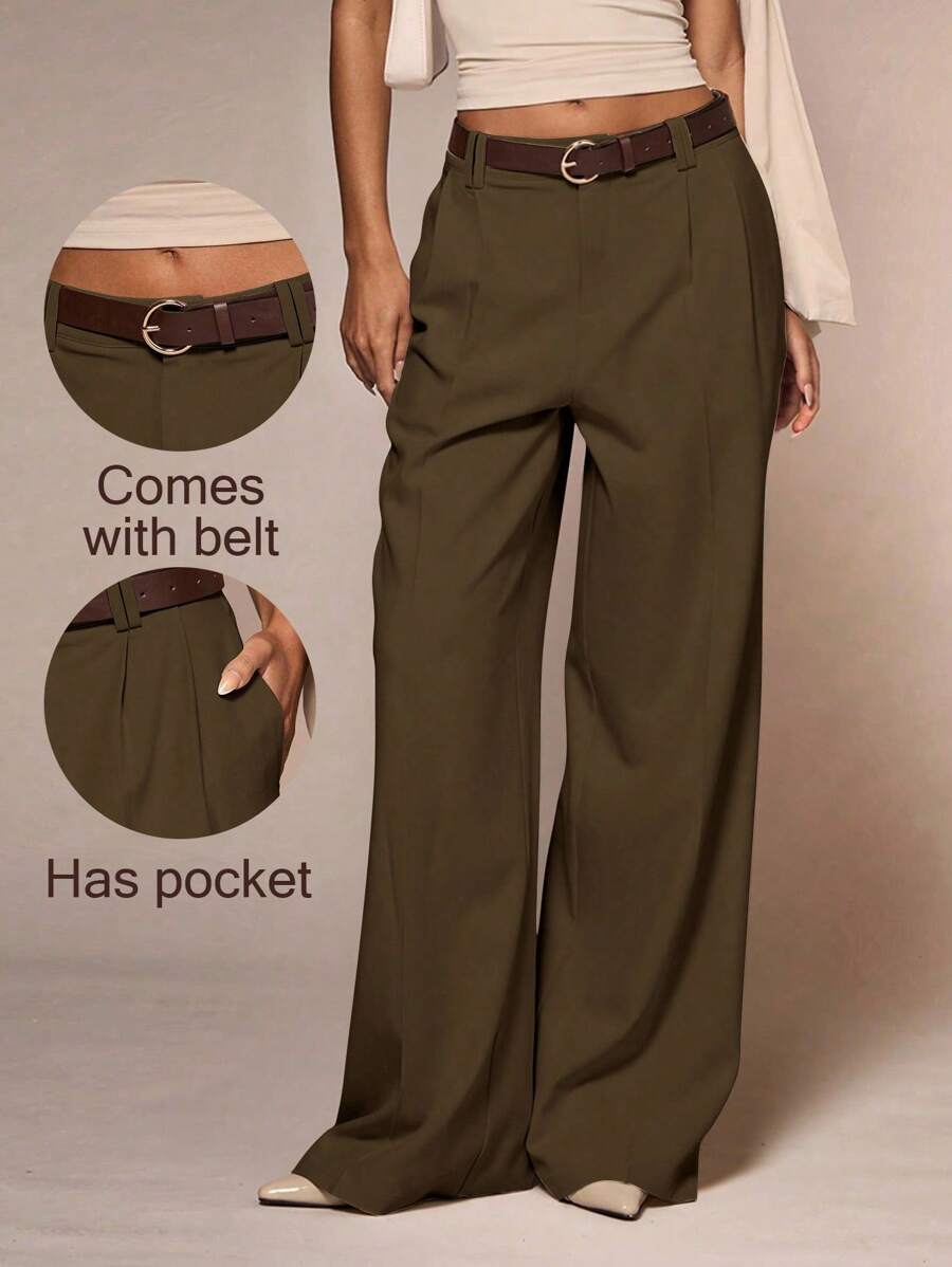 Glamine Women's Apricot Color With PU Belt Pocket Flare Leg Trousers, Stylish Commuter Office Elegant Versatile Casual Pants For Summer High Waisted Pants Wide Leg Pants Pants With Pockets Women Slacks Pants With Belt Fall Cloth For Women - Brown - View 1