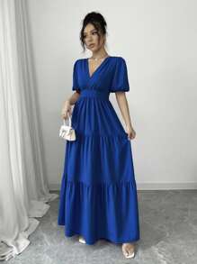 Rafferiza 优雅 V 领收腰褶皱喇叭下摆泡泡袖长裙，紫色，休闲度假装，春夏