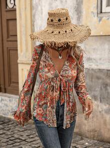 Brillora 女士佩斯利印花网眼长袖前系带不对称下摆上衣