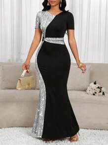 SHEIN Lady 女士优雅撞色亮片印花拼接美人鱼连衣裙 生日和活动连衣裙 /办公室连衣裙 /教堂连衣裙/婚礼连衣裙 /节日连衣裙 /女士派对连衣裙 女士正式连衣裙 女士正式长裙 女士正式连衣裙 女士连衣裙 商务休闲女士办公室连衣裙 女士连衣裙 女士工作连衣裙 新品女士连衣裙 毕业礼服/ - 銀色 - 查看 4