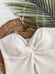 SHEIN Tween 女童白色和米色扭纹前胸褶短款吊带背心，适合休闲海滩度假春夏 - 杏色 - 查看 4