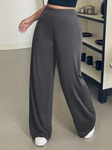 Dazy Plus Elastic Waist Solid Color Wide Leg Knit Casual Long Pants - Grey - View 1