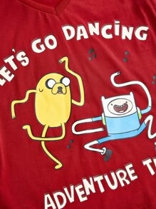 Adventure Time X ROMWE 女款 Y2K 街头风 V 领卡通图案修身休闲 T 恤，秋季 - 酒紅色 - 查看 2