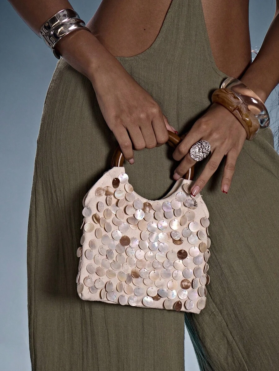 MUSERA 1pc Women's Fashion Elegant Simple Shell & Wood Handbag With Wrist Strap - Beige - View 1