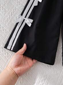 SHEIN 年轻女孩百搭休闲黑色蝴蝶结松紧腰宽松裤 - 黑色 - 查看 4