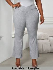 SHEIN PETITE CURVE Plus Petite 女士高腰交叉设计喇叭紧身裤 - 灰色 - 查看 1