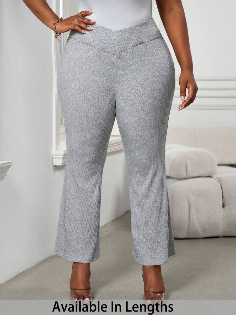 SHEIN PETITE CURVE Plus Petite 女士高腰交叉设计喇叭紧身裤 - 灰色 - 查看 1