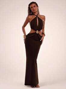 SHEIN BAE 性感吊带系带露背镂空腰部修身女式长裙 - 咖啡棕 - 查看 3