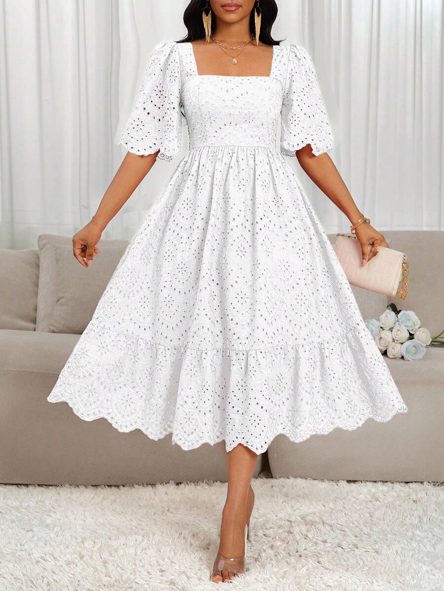 SHEIN Lady Damen Stickerei Jakobsmuschelkragen Kurzarm Elegantes mittellanges Kleid Weißes Ösenkleid Weißes Vintage-Kleid Milchjungfrau-Kleid Damen Cottagecore-Kleid Bridgerton Tea Party-Kleid