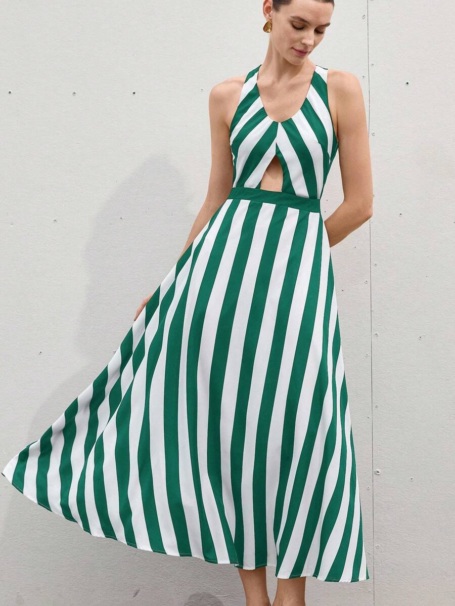 Aveloria Modichic 全新法式度假海滩性感优雅简约女式简约宽松大码黑白条纹U领腰线镂空后背交叉露背修身喇叭裙 - 綠色 - 查看 1