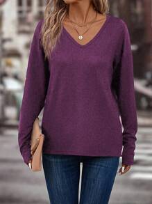 SHEIN LUNE Áo thun nữ cổ chữ V dài tay dáng rộng đơn giản đa năng - Màu tím - Xem 3