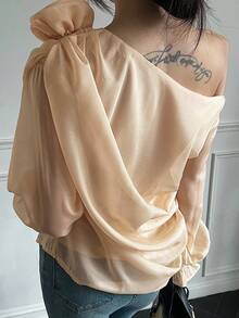 DAZY Solid Color Asymmetric Collar 3D Flower Decor Women Shirt Fall Tops Long Sleeve - Apricot - View 2