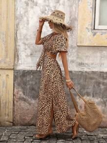 Brillora Woven Leopard Print Waist Hollow Short Sleeve Fitted Dress For Women