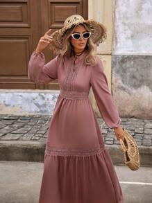 Brillora 女士度假休闲纯色蕾丝拼接缺口领灯笼袖连衣裙 - 藕粉色 - 查看 7