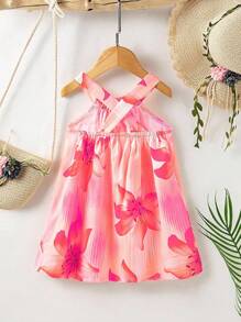SHEIN Playful Pals 女嬰粉色花卉掛脖細肩帶洋裝，可愛夏季度假穿搭，優雅甜美花卉印花，時尚休閒無袖日常穿著 - 粉色 - 查看 2