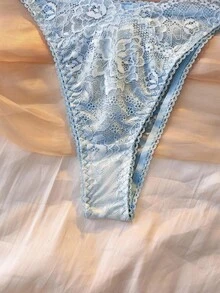 DelicateAllure 花卉蕾丝胸罩和内裤性感内衣套装 - 淺藍色 - 查看 5