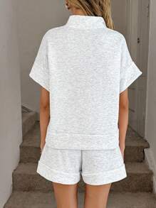 Easowa Set de 2 piezas de top con cuello polo y bolsillo talla grande pantalón corto de pierna ancha, estilo informal y suelto con cremallera, para oficina y uso diario