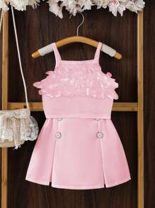 SHEIN Elladie kids 2pcs/Set Young Girls Sleeveless Top With 3D Decor & Pleated Solid Skirt, Spring/Summer - Pink - View 4