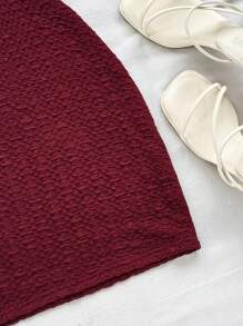 Soleia 女士度假白色针织纹理露肩镂空褶饰金属海星装饰修身迷你连衣裙，性感派对、约会、海滩度假、夏季服装 - 酒紅色 - 查看 7